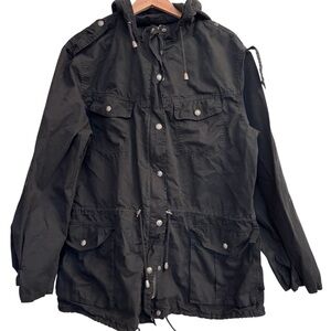 Buffalo David Bitton Black Utility Anorak Coat Size L Hooded Full Zip Cotton